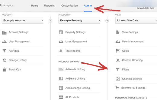 Filter menu in Google Analytics admin