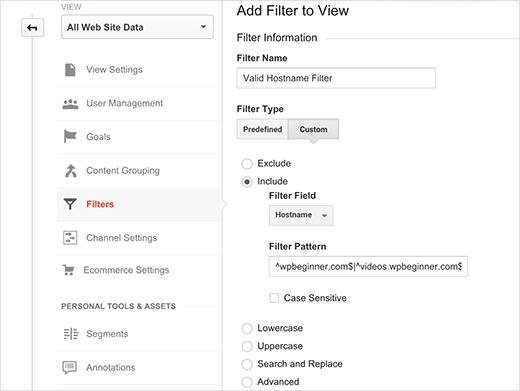 Creating a hostname filter in Google Analytics