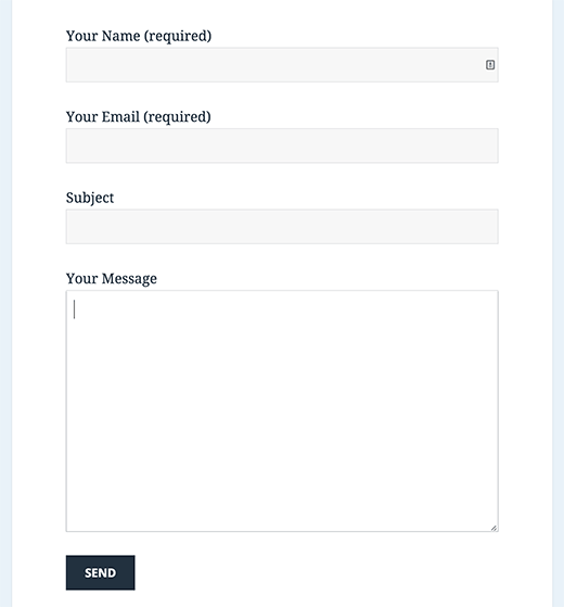 Default Contact Form 7 form on a WordPress site using default WordPress theme