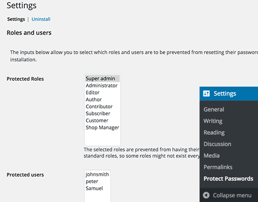 Protect password settings